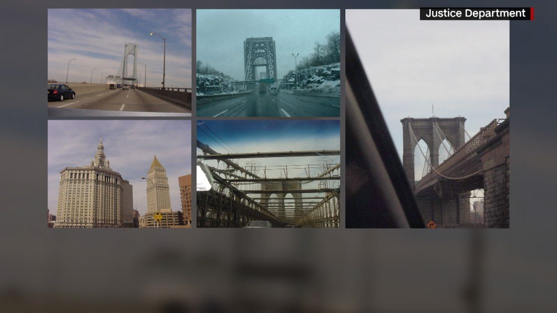 The FBI says these photos of New York City landmarks -- including the Verrazano-Narrows Bridge; the George Washington Bridge; and the Brooklyn Bridge -- were found on Saab's electronic devices.