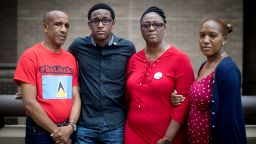 September 19, 2019----- Botham Jean's family (left to right) Bertrum, Brandt, Allison, and Alissa Jean, photographed  outside the Frank Crowley Courthouse in Dallas, Texas on Thursday, September 19, 2019. Botham Jean was shot by former Dallas police officer Amber Guyger while he was in his own apartment in Dallas, Texas. Guyger is charged with murder and the trial begins next week.