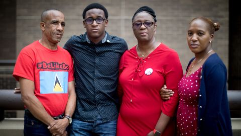 Botham Jean's family (left to right) Bertrum, Brandt, Allison, and Alissa Jean, photographed  outside the Frank Crowley Courthouse in Dallas, Texas.