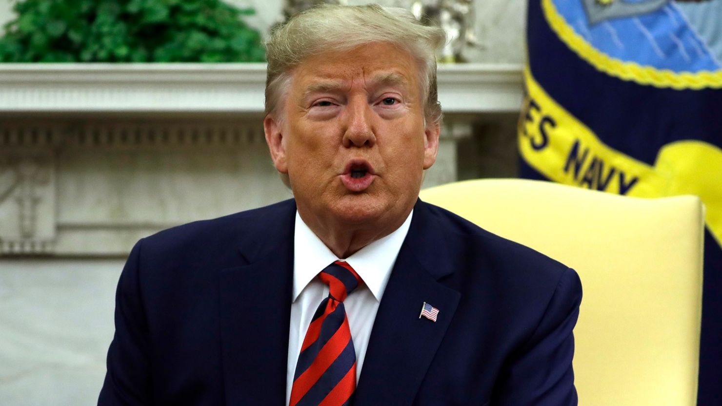 President Donald Trump speaks as he and first lady Melania Trump meet with Australian Prime Minister Scott Morrison and his wife Jenny Morrison in the Oval Office of the White House, Friday, September 20, 2019, Washington. 