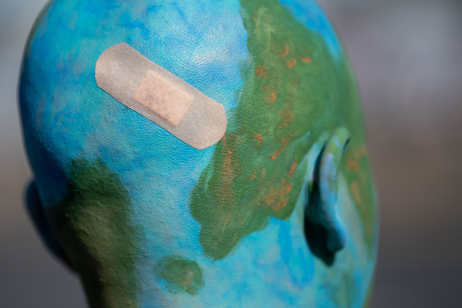 A participant dressed up as an injured earth marches in Stuttgart, Germany.