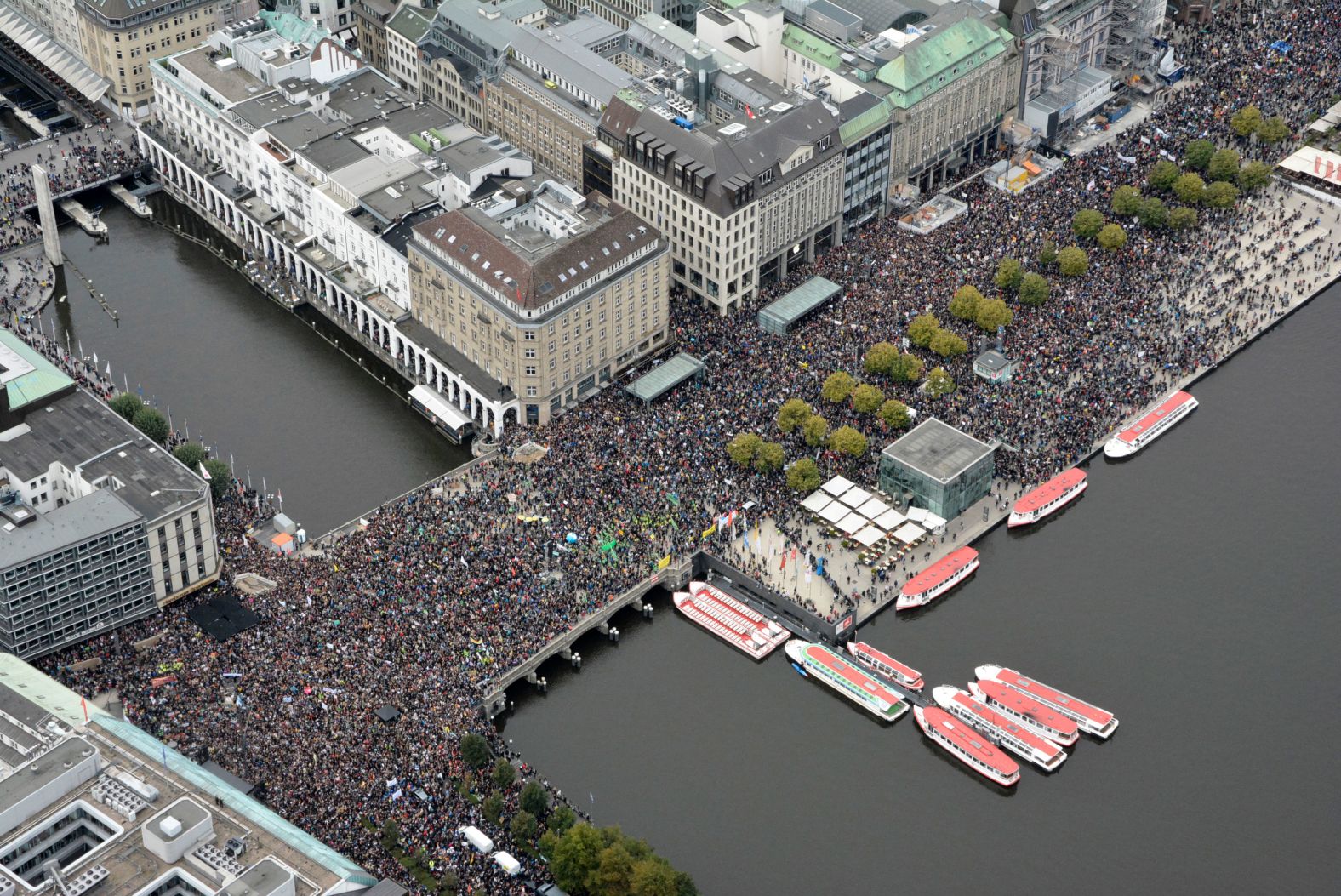 Demonstrators fill the Jungfernstieg, a promenade in Hamburg, Germany.