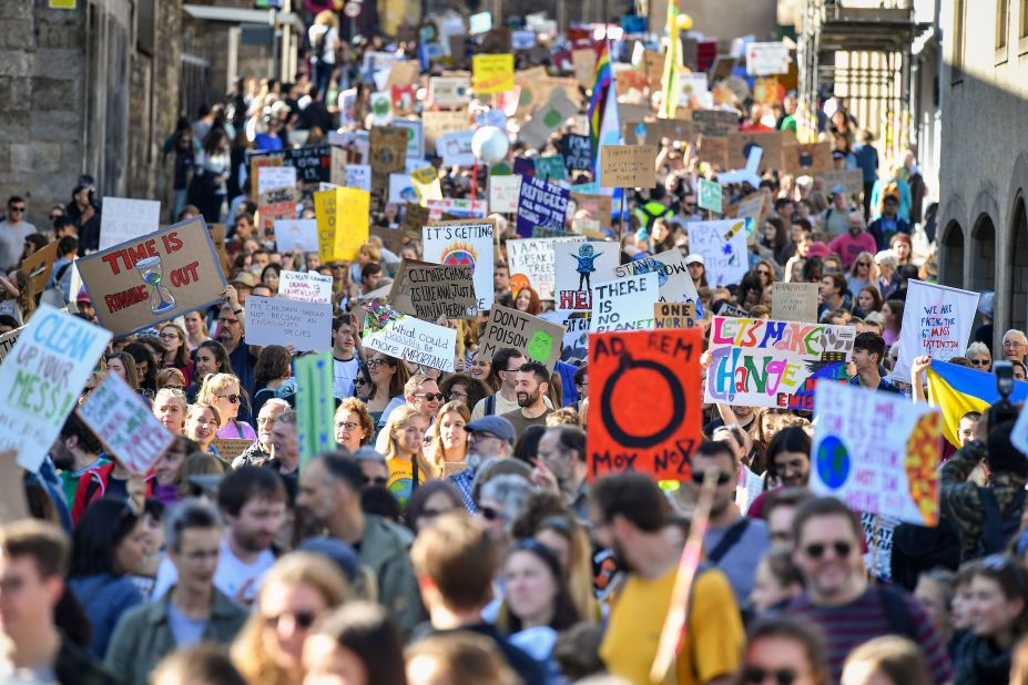 Protesters fill a street in Edinburgh, Scotland.