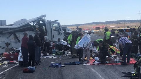 The bus crashed on Utah Highway 12, a few miles west of Bryce Canyon National Park. CNN obscured parts of this image, as the condition of the victims could not be verified. 