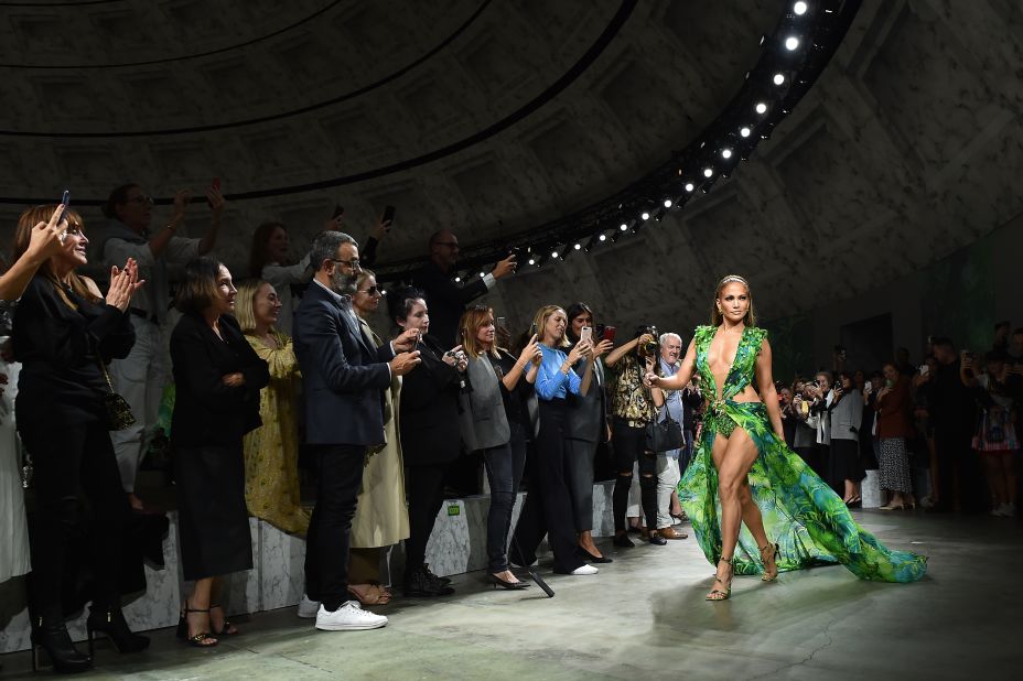 Jennifer Lopez emerged onto the runway in a remake of "That Dress" for Versace. Scroll through the gallery to look at highlights from this year's Milan Fashion Week. 