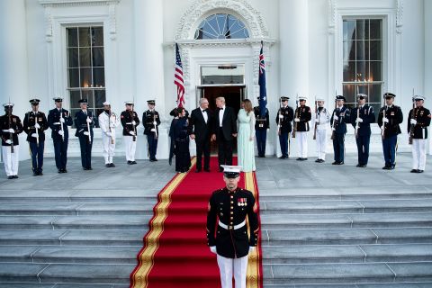 US President Donald Trump and first lady Melania Trump welcome Australian Prime Minister Scott Morrison and his wife, Jennifer Morrison, at the North Portico of the White House.