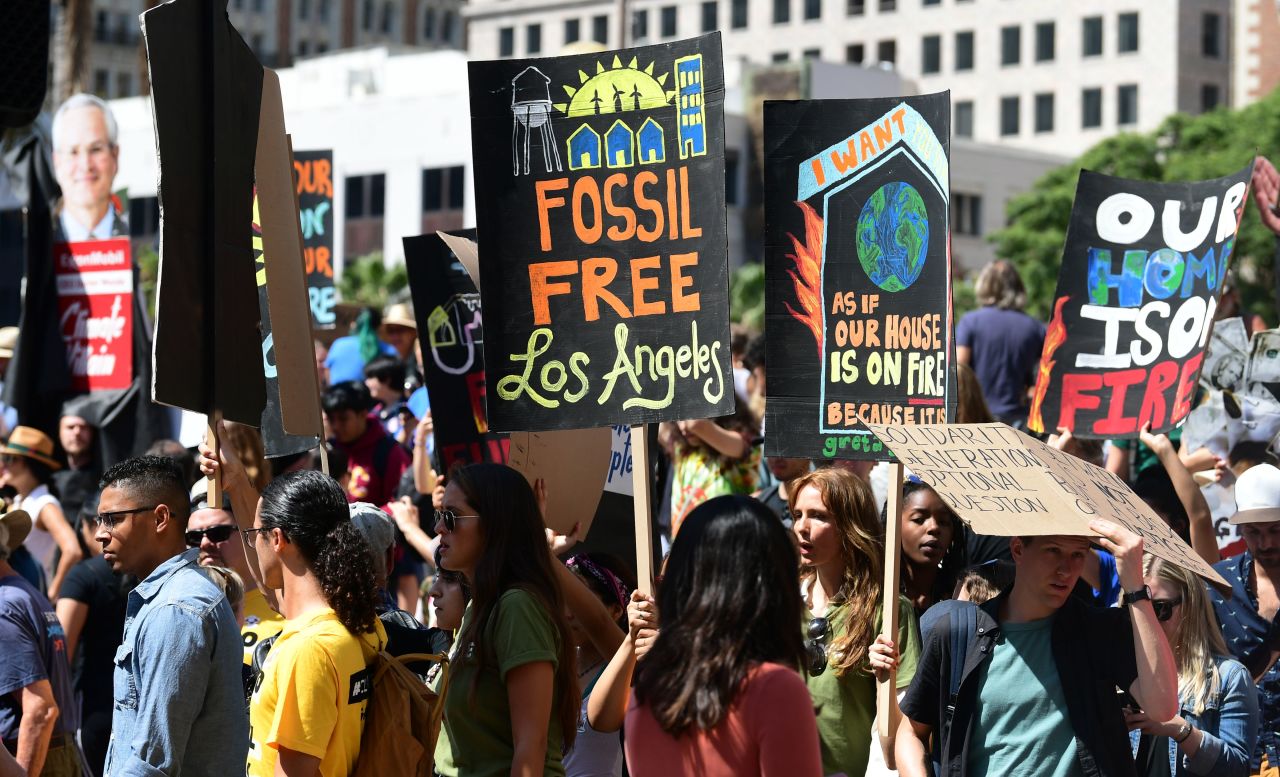 Thousands march through the streets in downtown Los Angeles.