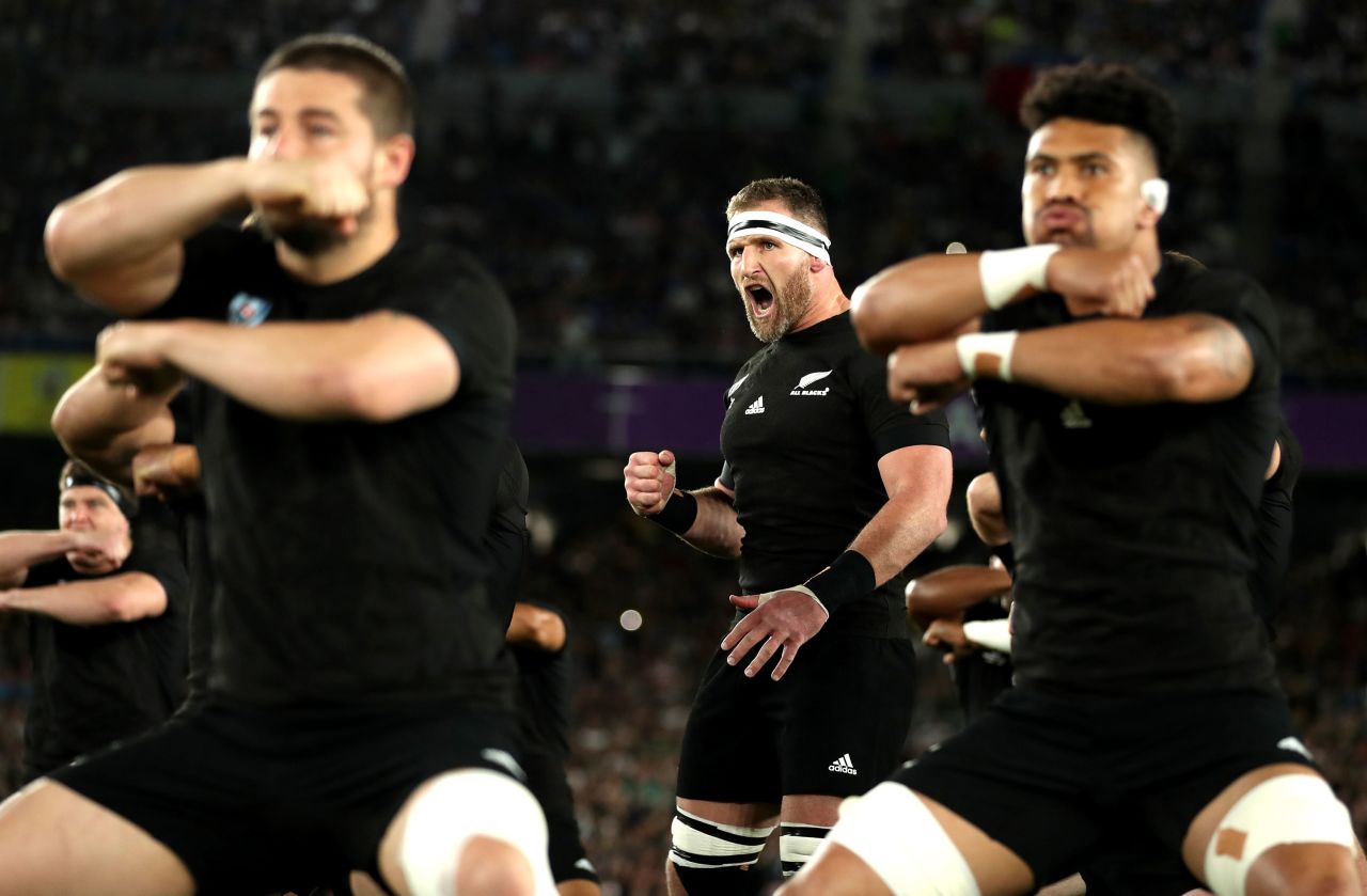 New Zealand players perform the Haka prior to their Rugby World Cup 2019 Group B game against South Africa.