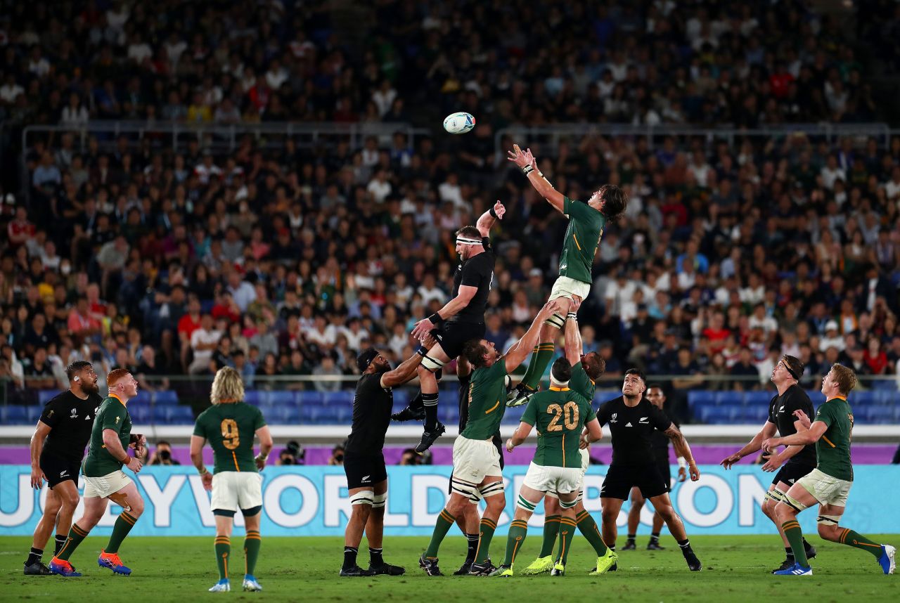 Franco Mostert of South Africa wins a line out against Kieran Read of New Zealand.