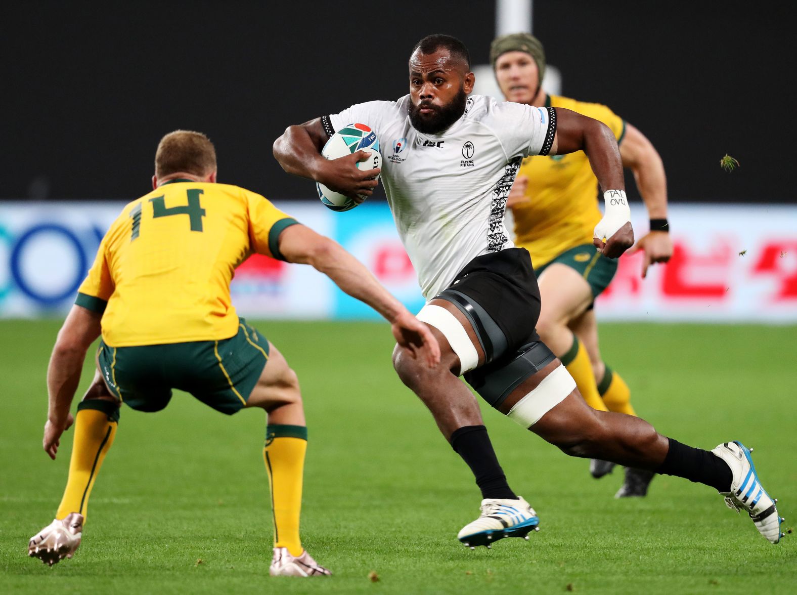 Peceli Yato of Fiji takes on Reece Hodge of Australia. At one point in the second half, Fiji led 21-12.