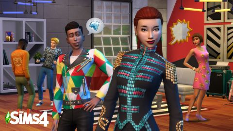 Sims characters in the game "Sims 4" pose in their Moschino outfits.