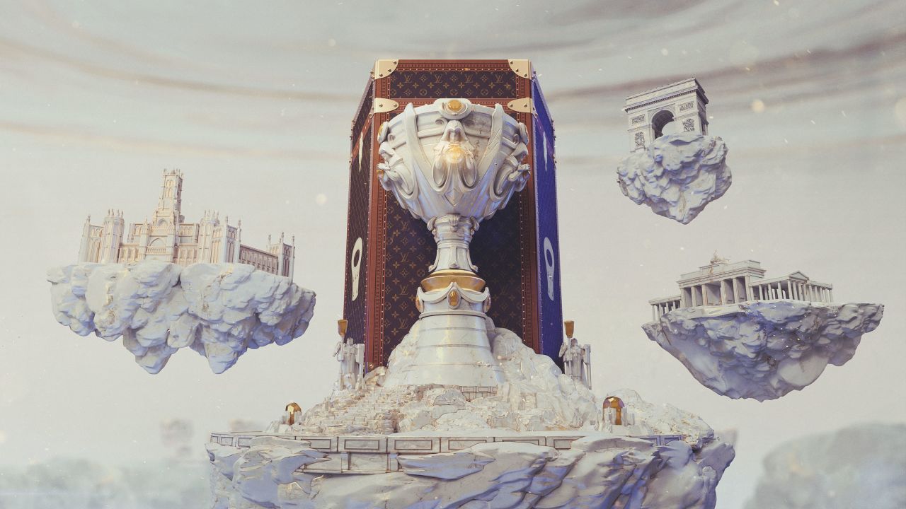 The League of Legends World Championship trophy is shown here beside a custom Louis Vuitton trophy case.