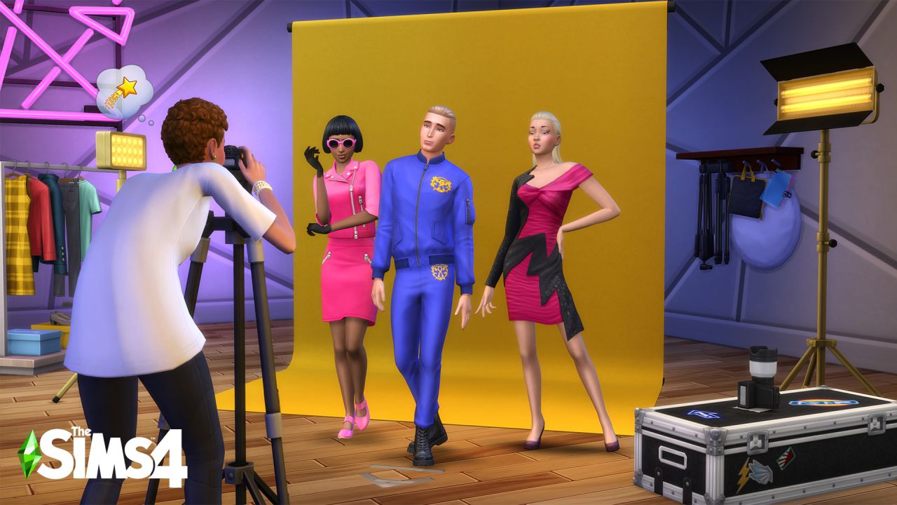 Sims characters in the game "Sims 4" pose in their Moschino outfits.