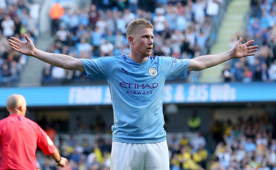 Kevin De Bruyne  celebrates as he scores his team's eighth goal against Watford.