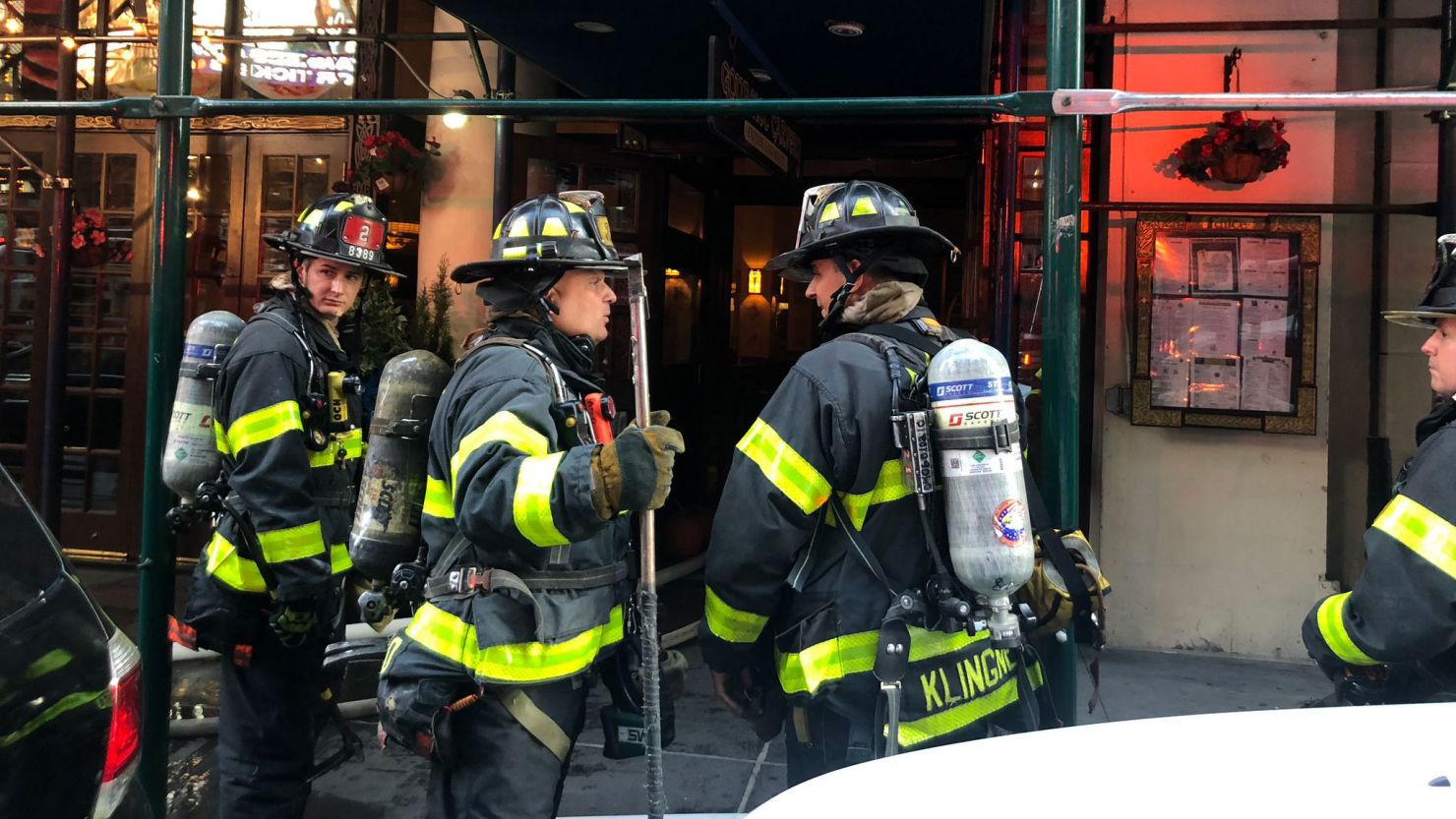 Firefighters respond to a fire near Times Square in Manhattan on Sunday.