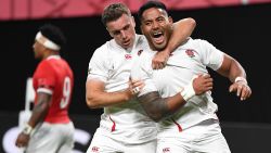 England's centre Manu Tuilagi (R) celebrates with England's fly-half George Ford after scoring a try during the Japan 2019 Rugby World Cup Pool C match between England and Tonga at the Sapporo Dome in Sapporo on September 22, 2019. (Photo by WILLIAM WEST / AFP)        (Photo credit should read WILLIAM WEST/AFP/Getty Images)