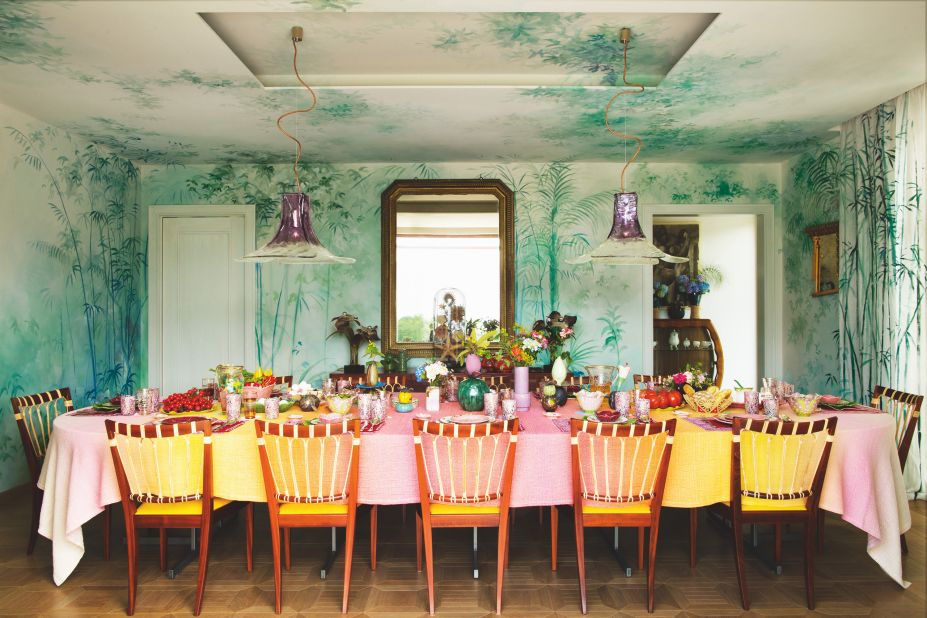 Missoni embraced a riot of color and pattern in the home she designed for her and her family, commissioning a hand-painted garden mural in the dining room. "Color and shape took priority over period coherence," she told Architectural Digest in 2018.