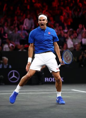 Roger Federer of Team Europe celebrates after defeating John Isner of Team World during Day 3 of the Laver Cup in Geneva, Switzerland, on September 22.