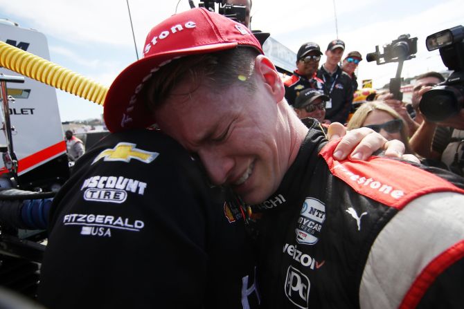 Josef Newgarden celebrates after winning the IndyCar season championship at WeatherTech Raceway Laguna Seca in Monterey, California, on September 22.