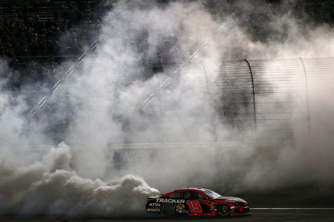 Martin Truex Jr., celebrates with a burnout after winning the Monster Energy NASCAR Cup Series South Point 400 in Las Vegas on September 15. 