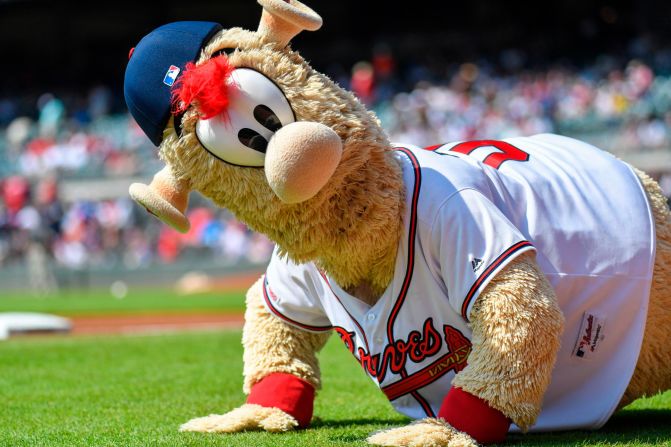 Atlanta Braves mascot Blooper does pushups on the field before the game against the Philadelphia Phillies at SunTrust Park in Atlanta, Georgia, on Thursday, September 19.