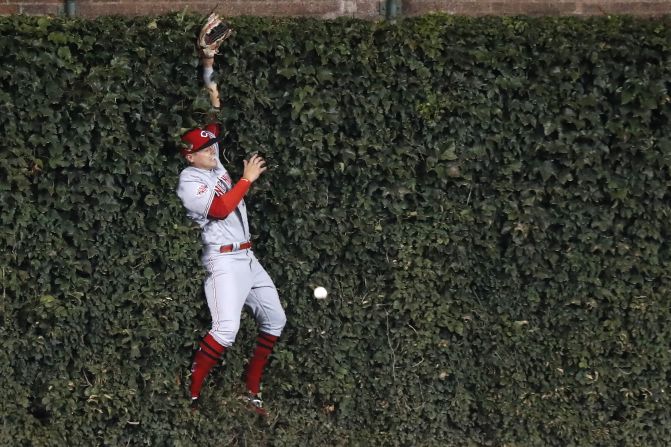 Cincinnati Reds left fielder Brian O'Grady is unable to catch an RBI double off the ivy by Chicago Cubs' Kyle Schwarber on September 17 in Chicago, Illinois. Nicholas Castellanos scored on the play, but the Reds won 4-2.