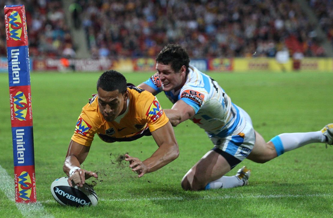 Folau scores for the Brisbane Broncos in 2010. 
