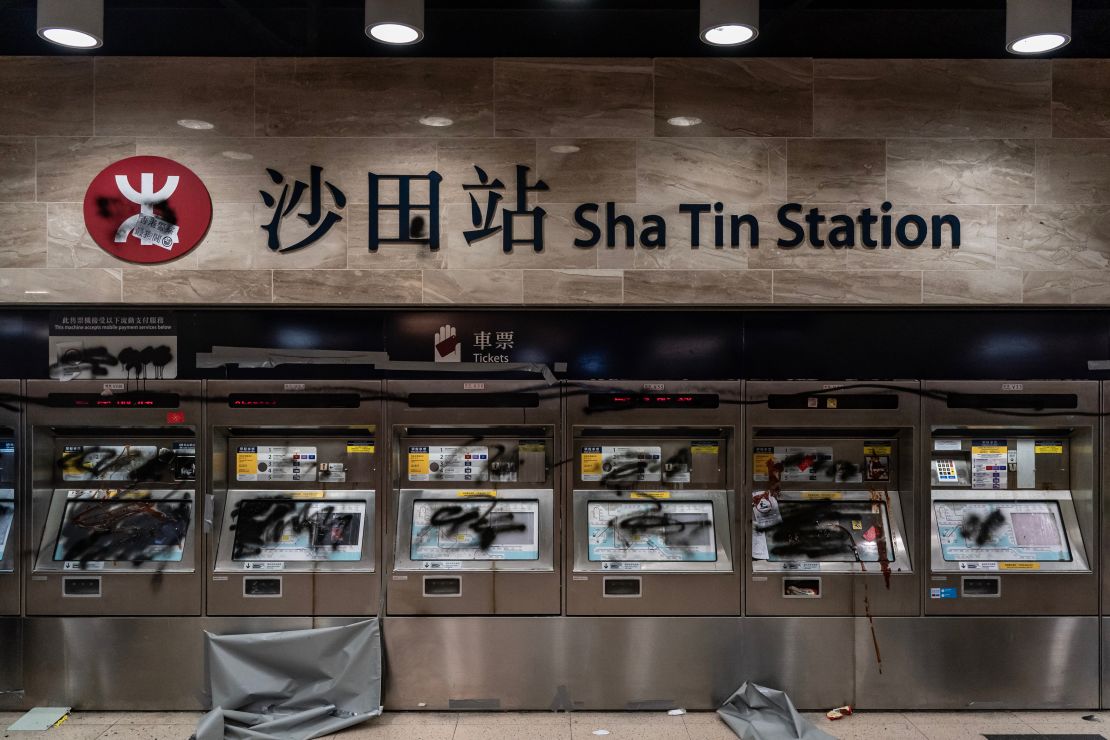 Damaged ticket machines are seen at Sha Tin Station during a demonstration on September 22, 2019 in Hong Kong.