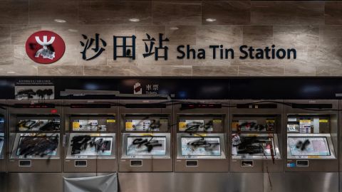 Damaged ticket machines are seen at Sha Tin Station during a demonstration on September 22, 2019 in Hong Kong.