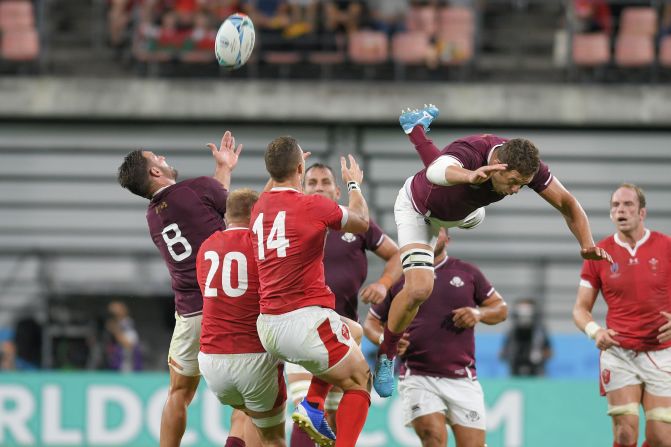 Georgian and Welsh players fight for the ball during a line-out at the City of Toyota Stadium.