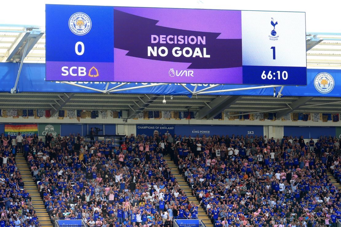 A screen displays the VAR decision to disallow Serge Aurier's  goal for Spurs at Leicester.


