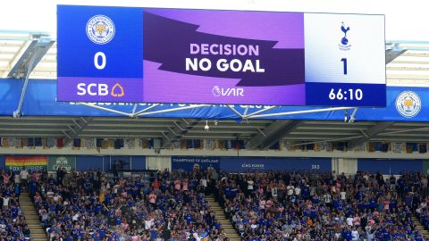 A screen displays the VAR decision to disallow Serge Aurier's  goal for Spurs at Leicester.

