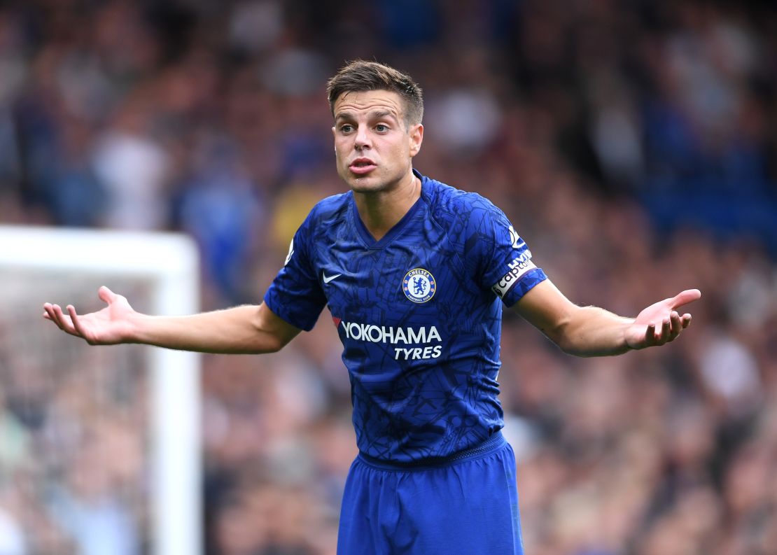 Cesar Azpilicueta of Chelsea gestures after his goal was ruled out by VAR.