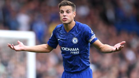 Cesar Azpilicueta of Chelsea gestures after his goal was ruled out by VAR.