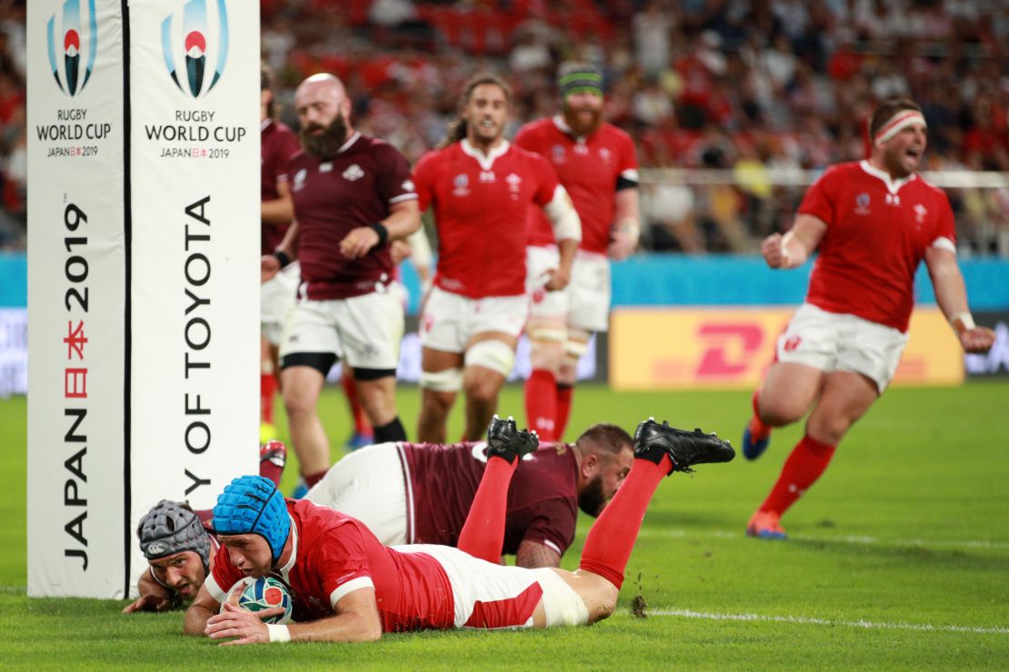 Justin Tipuric scores Wales'  second try during the Rugby World Cup 2019 Group D game against Georgia.