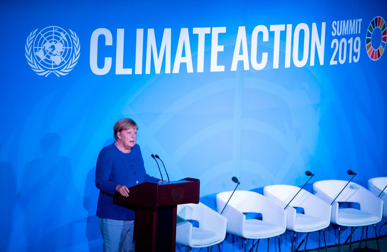 German Chancellor Angela Merkel speaks at the Climate Summit, where she pledged to double her country's climate protection funding.