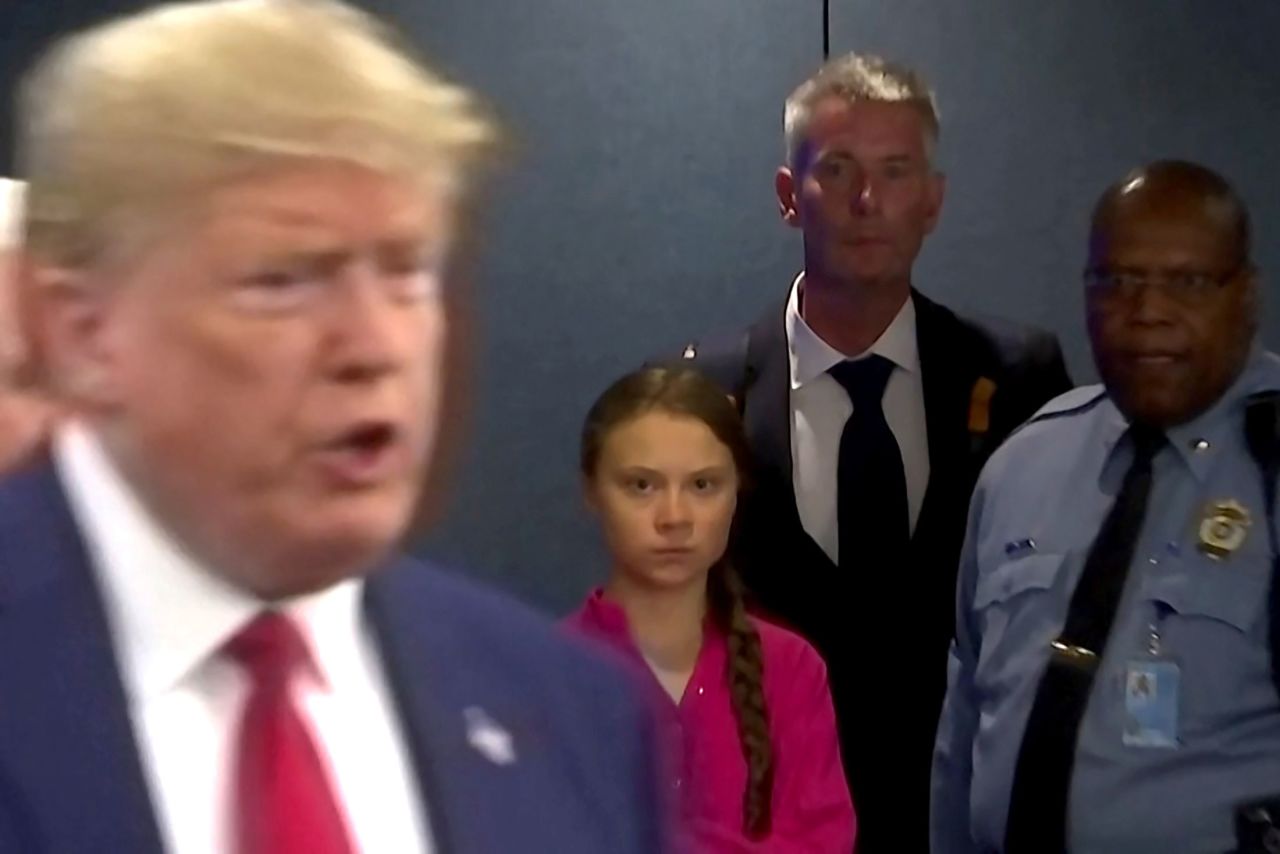 Thunberg watches as Trump enters the UN headquarters in this still image from video taken on September 23.