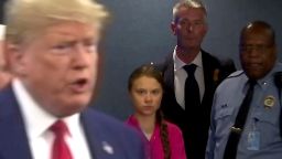 Swedish environmental activist Greta Thunberg watches as U.S. President Donald Trump enters the United Nations to speak with reporters in a still image from video taken in New York City, U.S. September 23, 2019. 