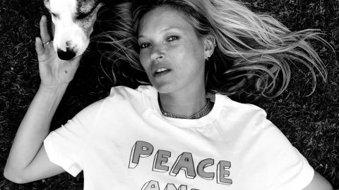 British model Kate Moss wears a Teemill t-shirt
