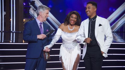 "Dancing With the Stars" co-host Tom Bergeron Monday night with Mary Wilson and her dance partner Brandon Armstrong.