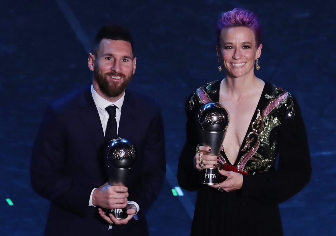 Lionel Messi and Megan Rapinoe with their The Best FIFA awards.
