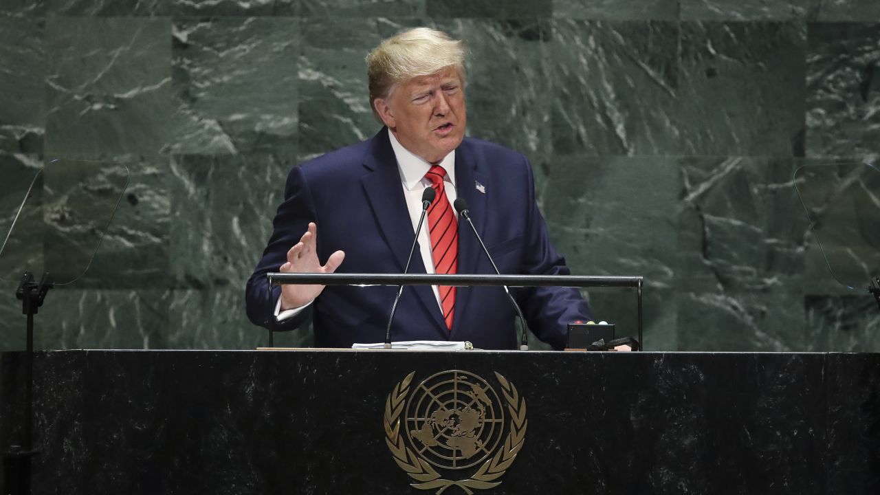 NEW YORK, NY - SEPTEMBER 24:  U.S. President Donald Trump addresses the United Nations General Assembly at UN headquarters on September 24, 2019 in New York City. World leaders from across the globe are gathered at the 74th session of the UN General Assembly, amid crises ranging from climate change to possible conflict between Iran and the United States. (Photo by Drew Angerer/Getty Images)
