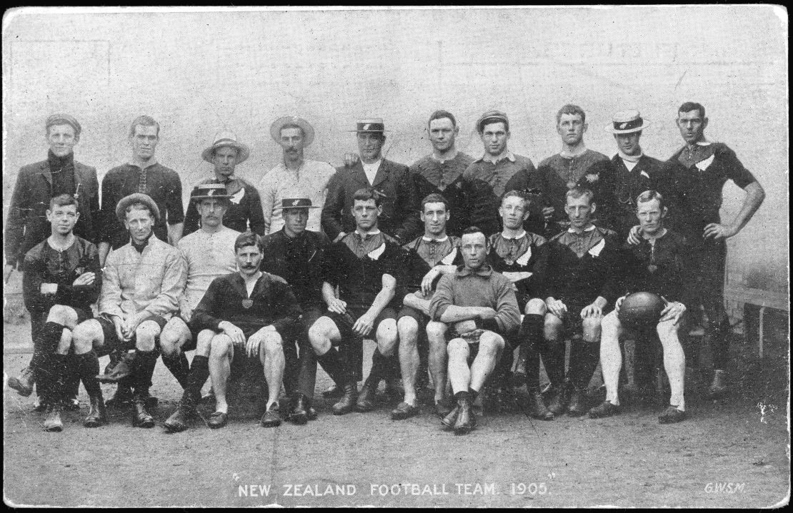The New Zealand rugby team before its tour of Britain, September-December 1905. By the end of the tour, the team had, for the first time, become known as the "All Blacks." 