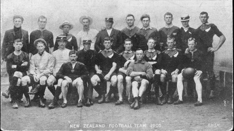 The New Zealand rugby team before its tour of Britain, September-December 1905. By the end of the tour, the team had, for the first time, become known as the "All Blacks."