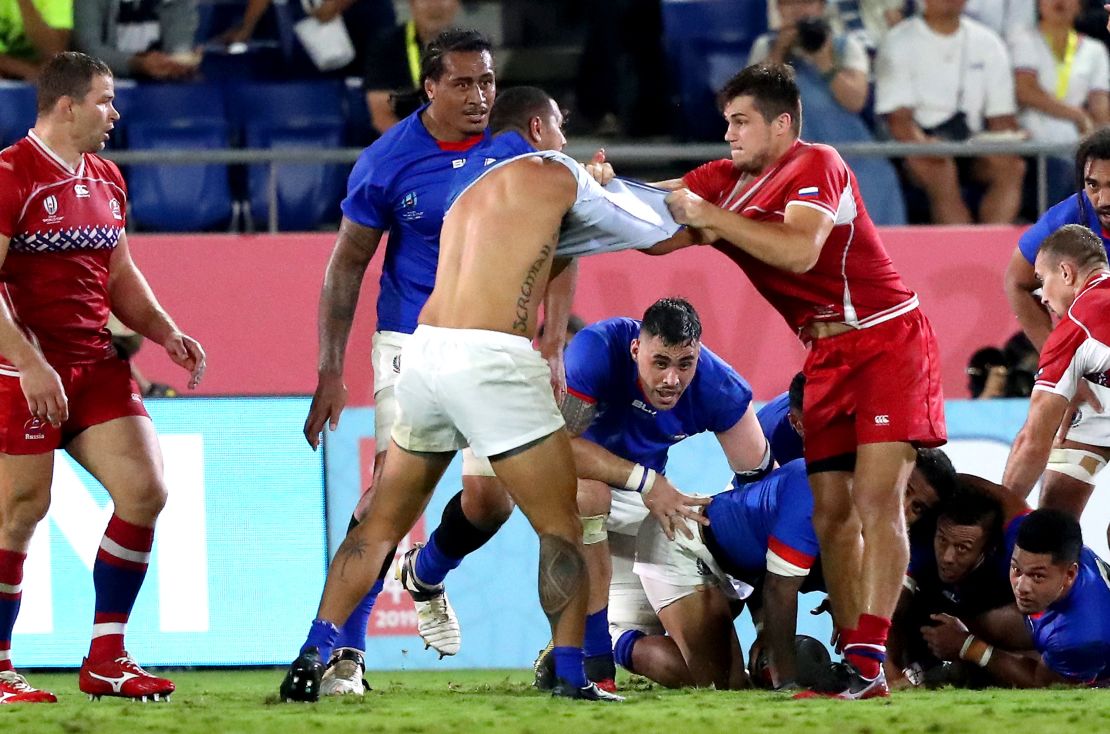 Russian and Samoan players clash during the Rugby World Cup 2019 game. 