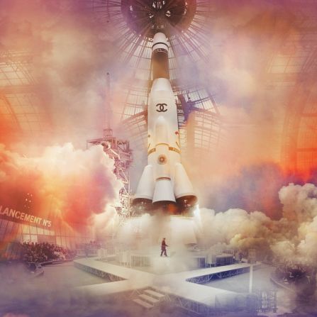 Procter blended photos from the Chanel Fall-Winter 2017 show with footage from actual NASA rocket launches to create this piece. 