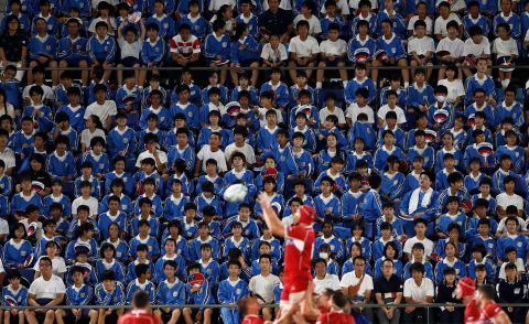School children attended the match at the Kumagaya Rugby Stadium.
