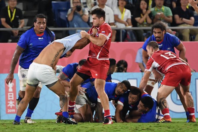 The match was a feisty affair with Samoa fortunate not to have had two players sent off. 