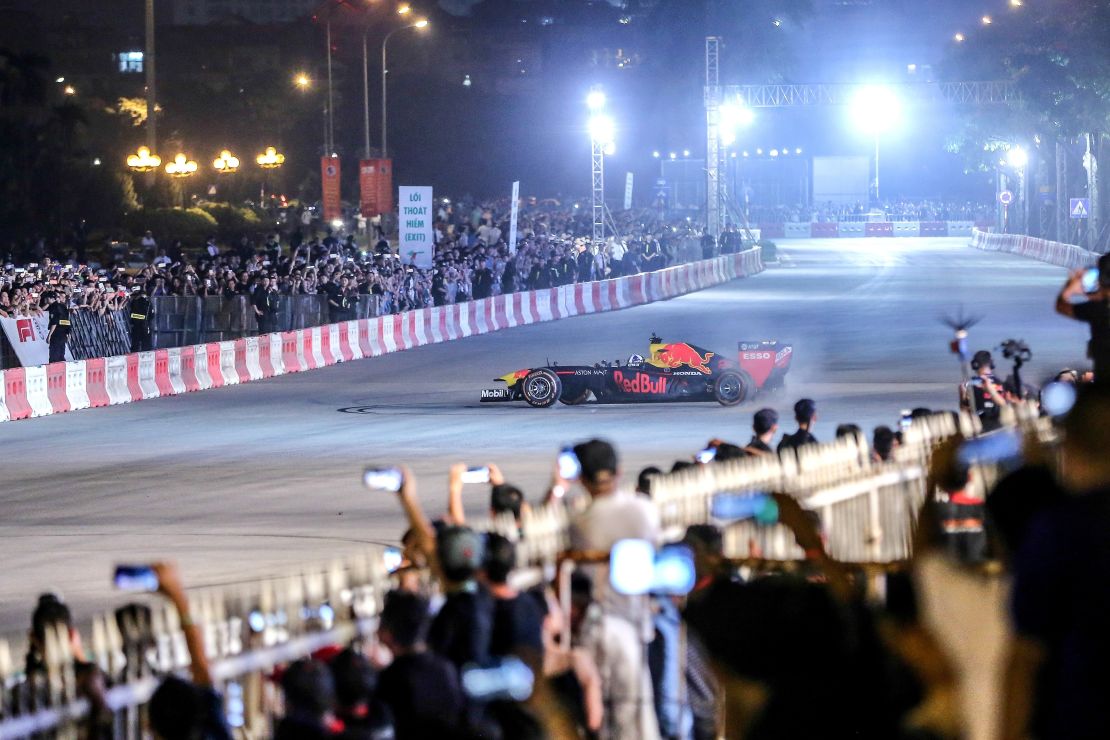 Britain's former Formula One driver David Coulthard performs in a Red Bull show car during an event for next year's 2020 Vietnam Formula One Grand Prix, in Hanoi.