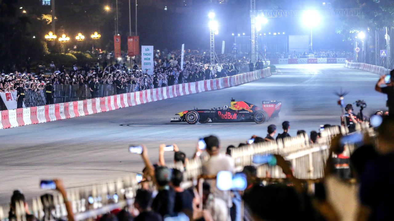 Britain's former Formula One driver David Coulthard performs in a Red Bull show car during an event for next year's 2020 Vietnam Formula One Grand Prix, in Hanoi.